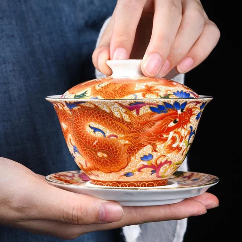 Palace Enamel Dragon Pattern Ceramic Gaiwan Chinese Handmade Teacup Travel Tea Bowl Home Teaware Accessories Drinkware 170ml