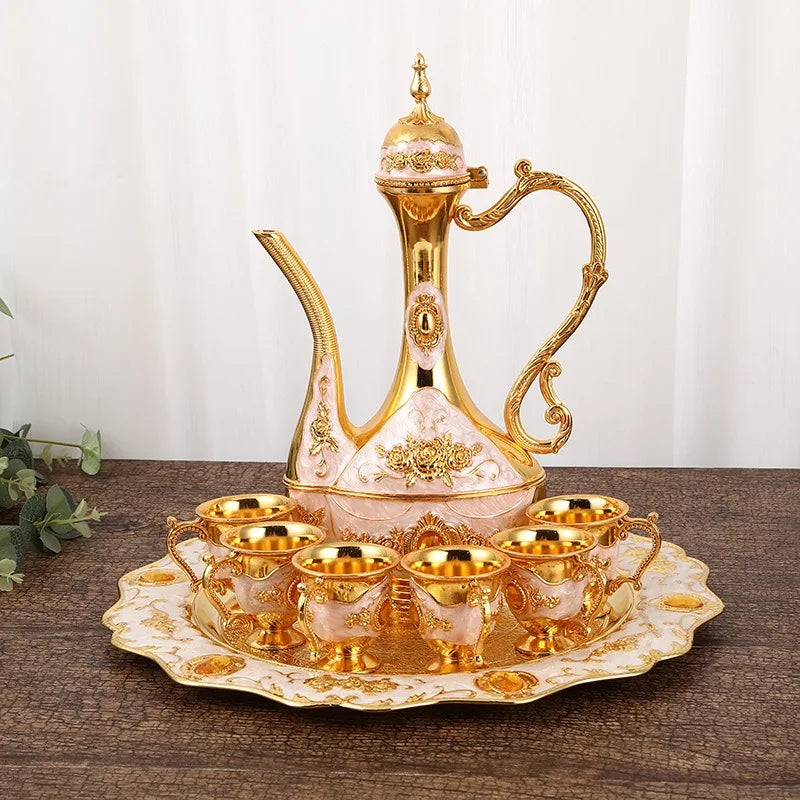 Palace Golden Glass Teapot Suit Kitchen Metal Cold Kettle Coffee Pot European Style Home Decoration Glassware Wedding Gifts Box
