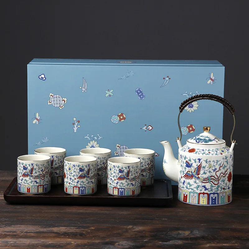 Palace-style Chinese beam pot tea set fighting color home kung fu tea set large capacity wood plate cup tea set bar