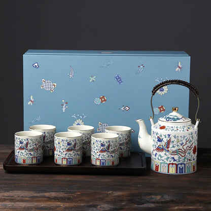 Palace-style Chinese beam pot tea set fighting color home kung fu tea set large capacity wood plate cup tea set bar