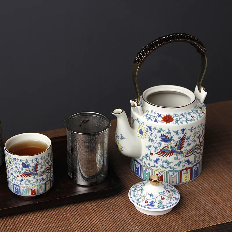 Palace-style Chinese beam pot tea set fighting color home kung fu tea set large capacity wood plate cup tea set bar