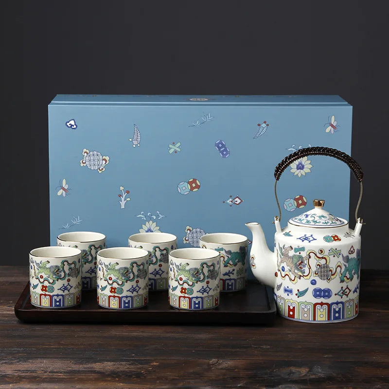Palace-style Chinese beam pot tea set fighting color home kung fu tea set large capacity wood plate cup tea set bar