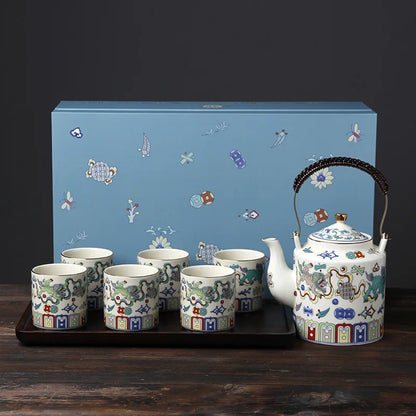 Palace-style Chinese beam pot tea set fighting color home kung fu tea set large capacity wood plate cup tea set bar