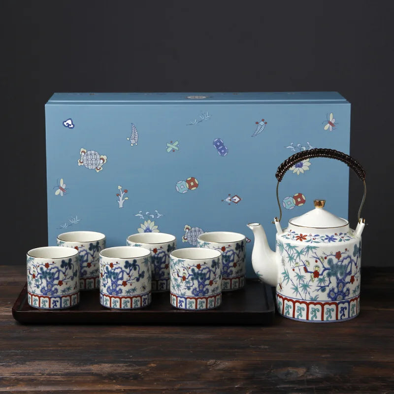 Palace-style Chinese beam pot tea set fighting color home kung fu tea set large capacity wood plate cup tea set bar