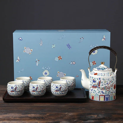 Palace-style Chinese beam pot tea set fighting color home kung fu tea set large capacity wood plate cup tea set bar