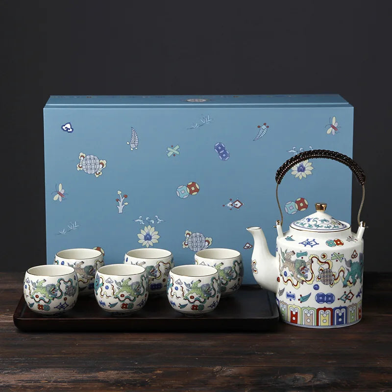 Palace-style Chinese beam pot tea set fighting color home kung fu tea set large capacity wood plate cup tea set bar