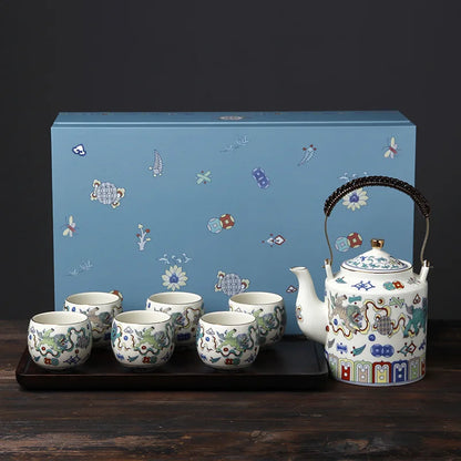Palace-style Chinese beam pot tea set fighting color home kung fu tea set large capacity wood plate cup tea set bar