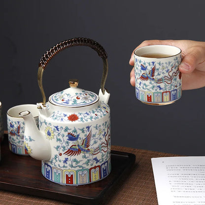 Palace-style Chinese beam pot tea set fighting color home kung fu tea set large capacity wood plate cup tea set bar