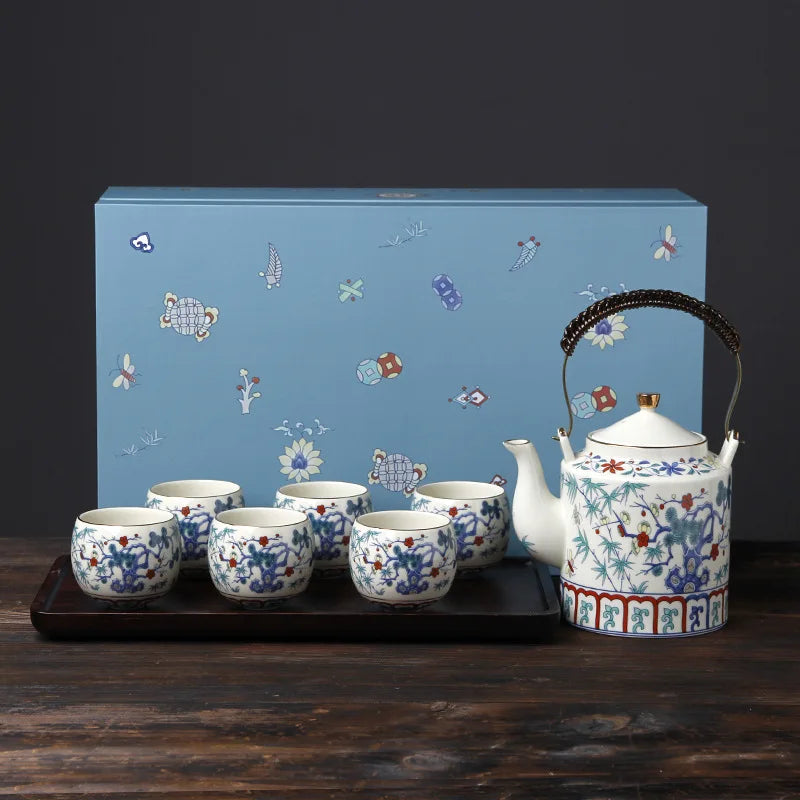 Palace-style Chinese beam pot tea set fighting color home kung fu tea set large capacity wood plate cup tea set bar