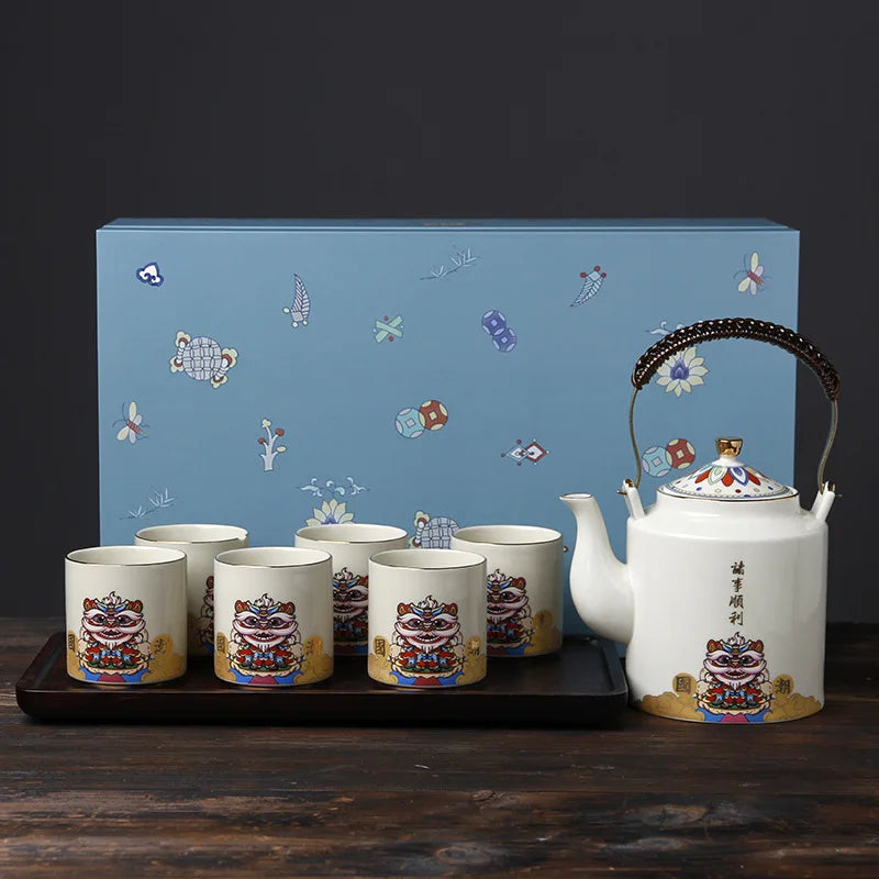 Palace-style Chinese beam pot tea set fighting color home kung fu tea set large capacity wood plate cup tea set bar