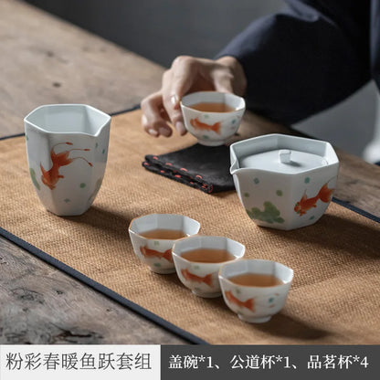 Pastel New National Fashion Kung Fu Tea Set Home Living Room Complete Set Office Reception Tureen Ceramic Gift Box