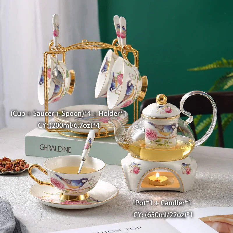 Pastoral Bird Bone China Tea Set Ceramic Tea Cup Pot with Candler Strainer Floral Glass Teapot Set Ceremony Teaware Teacup