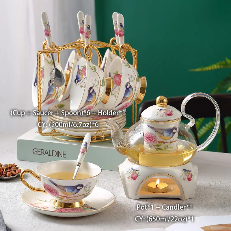Pastoral Bird Bone China Tea Set Ceramic Tea Cup Pot with Candler Strainer Floral Glass Teapot Set Ceremony Teaware Teacup