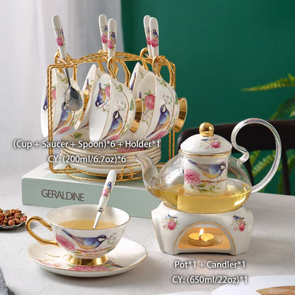 Pastoral Bird Bone China Tea Set Ceramic Tea Cup Pot with Candler Strainer Floral Glass Teapot Set Ceremony Teaware Teacup