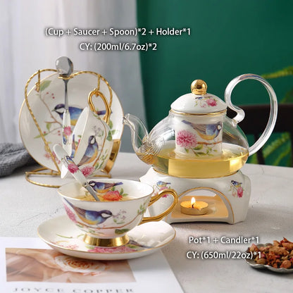 Pastoral Bird Bone China Tea Set Ceramic Tea Cup Pot with Candler Strainer Floral Glass Teapot Set Ceremony Teaware Teacup