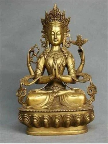 Patung Beruntung Avalokitesvara Perunggu Tibet Kuan-yin Buddha Tua Yang Langka dan Bersenjata Empat