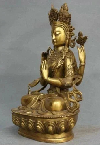 Patung Beruntung Avalokitesvara Perunggu Tibet Kuan-yin Buddha Tua Yang Langka dan Bersenjata Empat