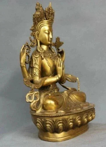 Patung Beruntung Avalokitesvara Perunggu Tibet Kuan-yin Buddha Tua Yang Langka dan Bersenjata Empat