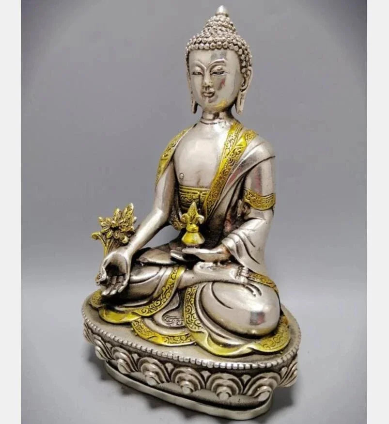 Patung Kerajinan Buddha Apoteker Sakyamuni Tembaga Putih Tiongkok