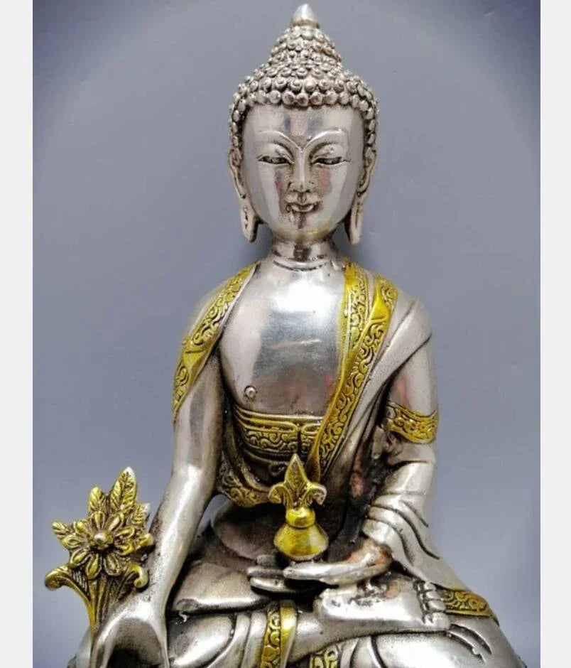 Patung Kerajinan Buddha Apoteker Sakyamuni Tembaga Putih Tiongkok