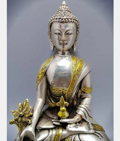 Patung Kerajinan Buddha Apoteker Sakyamuni Tembaga Putih Tiongkok