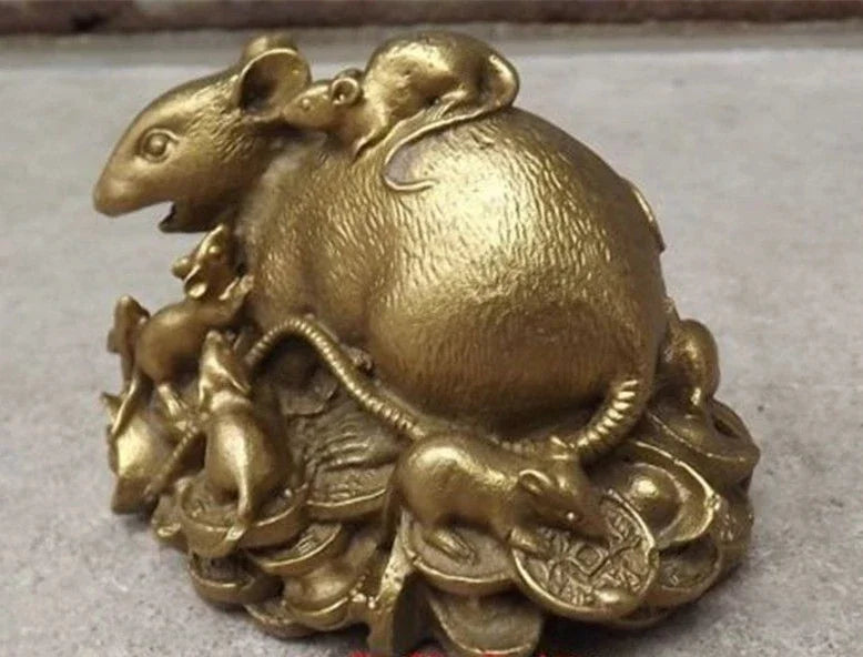 Patung Kuningan Tembaga Tiongkok Patung Tikus Fengshui Mouse-Kerajinan Tangan Logam Dekorasi Rumah
