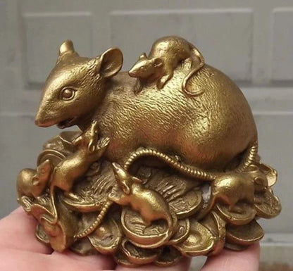 Patung Kuningan Tembaga Tiongkok Patung Tikus Fengshui Mouse-Kerajinan Tangan Logam Dekorasi Rumah