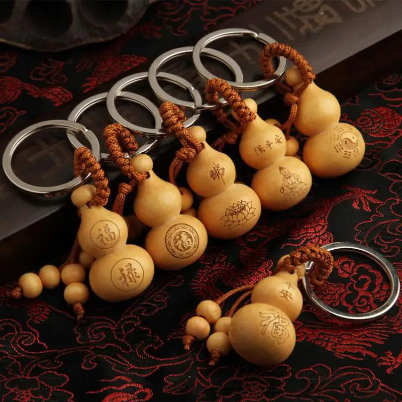 Peach Wood Key Chain Pendant, Ping An Fulu Gourd, Car Key Chain,, Mascot Chinese Fengshui Ornament Christmas Gift