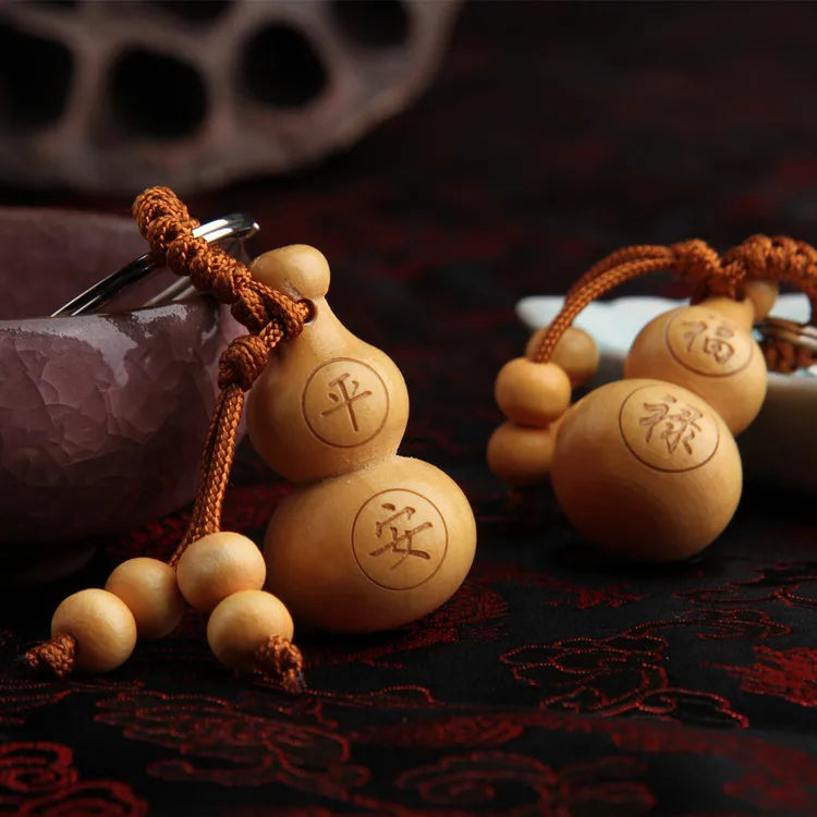 Peach Wood Key Chain Pendant, Ping An Fulu Gourd, Car Key Chain,, Mascot Chinese Fengshui Ornament Christmas Gift