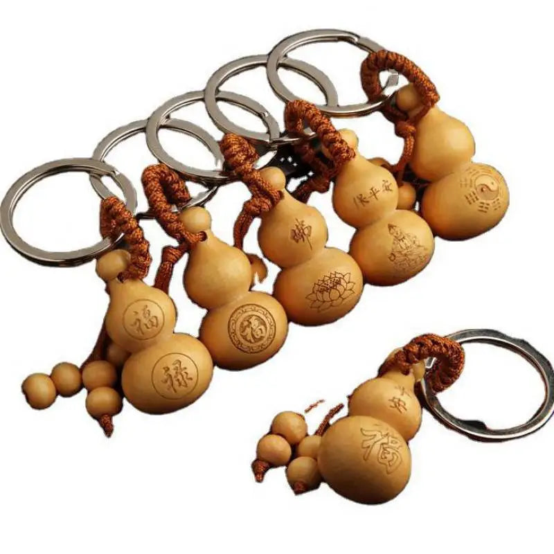 Peach Wood Key Chain Pendant, Ping An Fulu Gourd, Car Key Chain,, Mascot Chinese Fengshui Ornament Christmas Gift