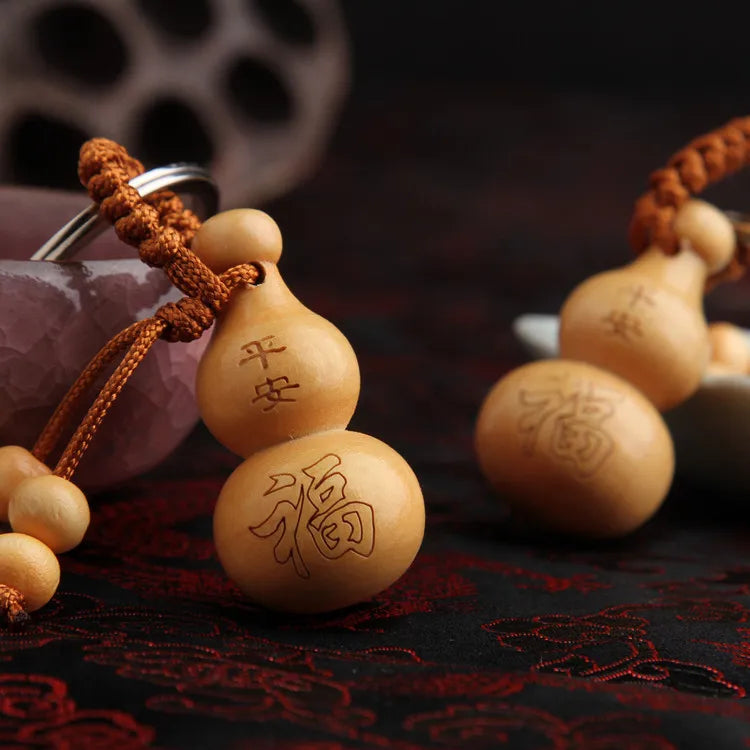 Peach Wood Key Chain Pendant, Ping An Fulu Gourd, Car Key Chain,, Mascot Chinese Fengshui Ornament Christmas Gift