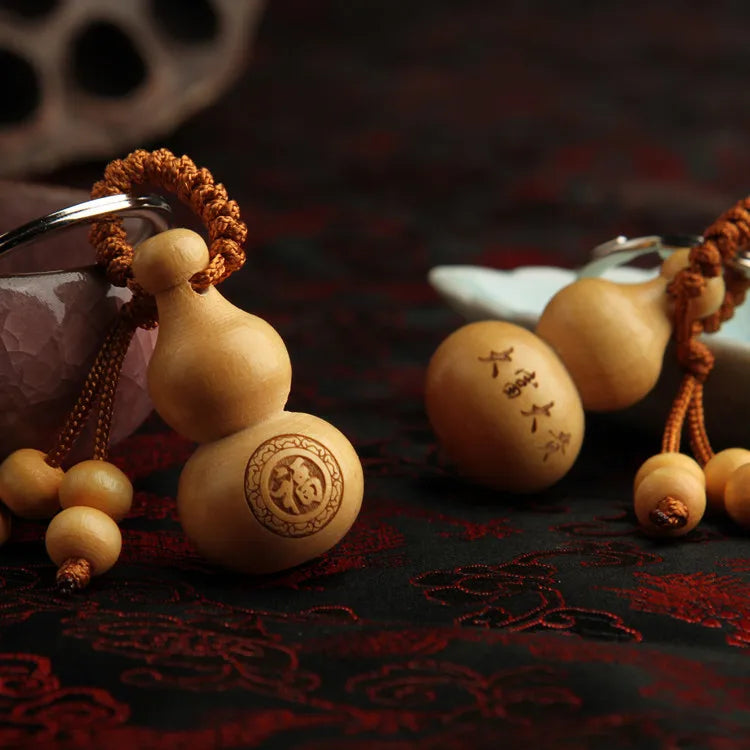 Peach Wood Key Chain Pendant, Ping An Fulu Gourd, Car Key Chain,, Mascot Chinese Fengshui Ornament Christmas Gift