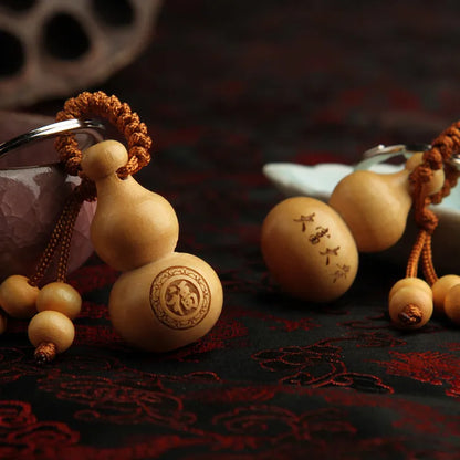 Peach Wood Key Chain Pendant, Ping An Fulu Gourd, Car Key Chain,, Mascot Chinese Fengshui Ornament Christmas Gift