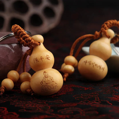 Peach Wood Key Chain Pendant, Ping An Fulu Gourd, Car Key Chain,, Mascot Chinese Fengshui Ornament Christmas Gift