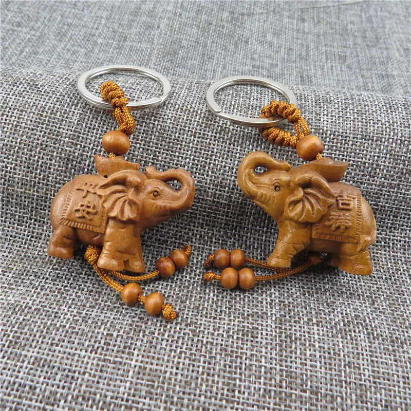 Peach wood carved elephant keychain pendant, hanging accessories, safe and auspicious feng shui small pendant,solid wood knot