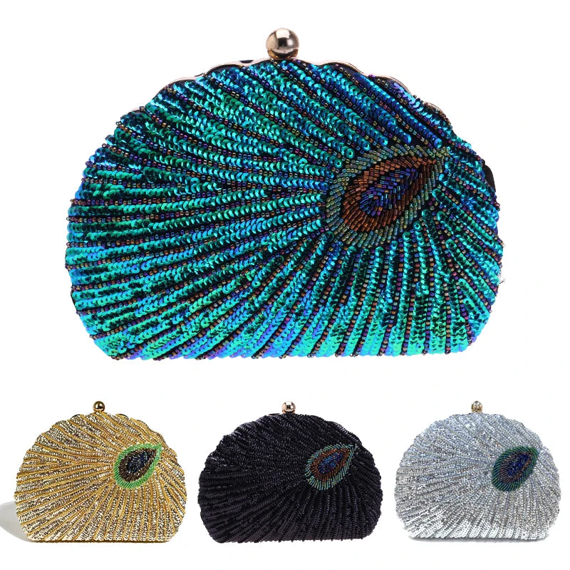 Peacock Green Evening Bag Women Glitter Gradient Sequins Beading Handbag Fashion Oval Party Dress Purse Bridal Wedding Clutches