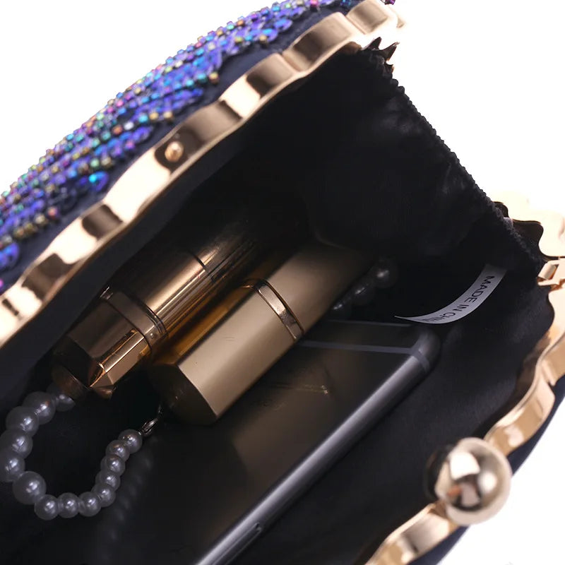 Peacock Green Evening Bag Women Glitter Gradient Sequins Beading Handbag Fashion Oval Party Dress Purse Bridal Wedding Clutches