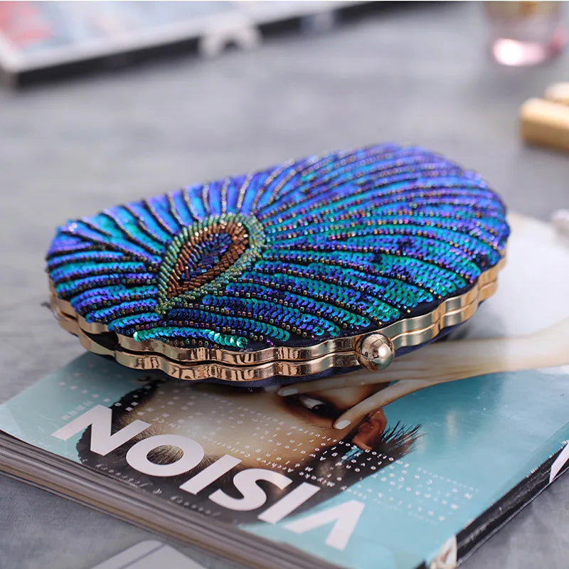 Peacock Green Evening Bag Women Glitter Gradient Sequins Beading Handbag Fashion Oval Party Dress Purse Bridal Wedding Clutches