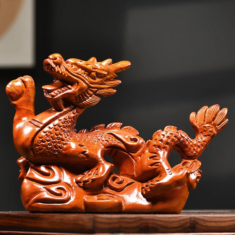 Pear wood carving dragon ornaments, Chinese zodiac dragon solid wood carving crafts, home, living room, office decoration