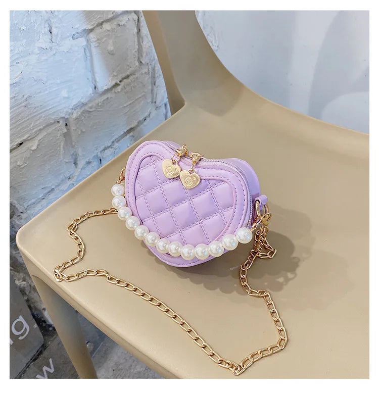 Pearl Handle Girls Mini Shoulder Messenger Bag Princess Wallet Coin Purse Handbags Cute Children's Heart-shaped Crossbody Bags