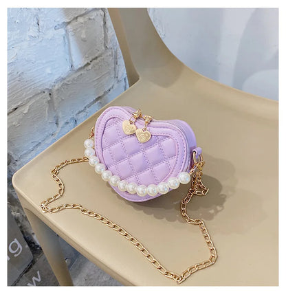 Pearl Handle Girls Mini Shoulder Messenger Bag Princess Wallet Coin Purse Handbags Cute Children's Heart-shaped Crossbody Bags