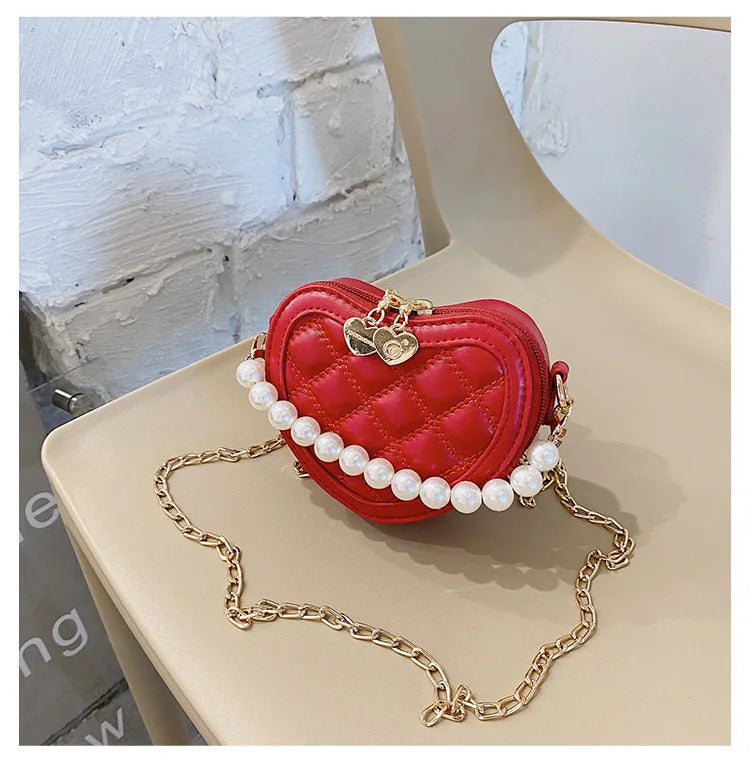 Pearl Handle Girls Mini Shoulder Messenger Bag Princess Wallet Coin Purse Handbags Cute Children's Heart-shaped Crossbody Bags