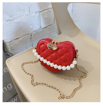 Pearl Handle Girls Mini Shoulder Messenger Bag Princess Wallet Coin Purse Handbags Cute Children's Heart-shaped Crossbody Bags