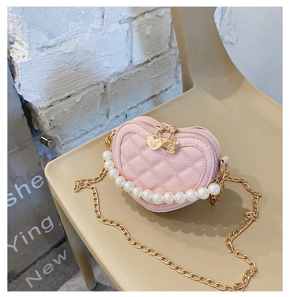 Pearl Handle Girls Mini Shoulder Messenger Bag Princess Wallet Coin Purse Handbags Cute Children's Heart-shaped Crossbody Bags
