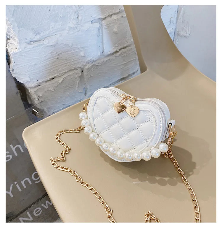 Pearl Handle Girls Mini Shoulder Messenger Bag Princess Wallet Coin Purse Handbags Cute Children's Heart-shaped Crossbody Bags