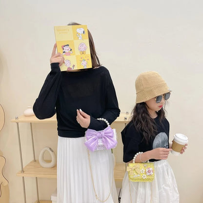 Pearl Kid's Crossbody Bag Money Coin Purse Fashion Handbag Children Princess Shoulder Messenger Bag Bow-knot Pocket Pack