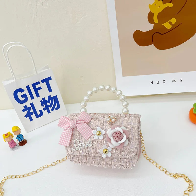 Pearl Kid's Crossbody Bag Money Coin Purse Fashion Handbag Children Princess Shoulder Messenger Bag Bow-knot Pocket Pack