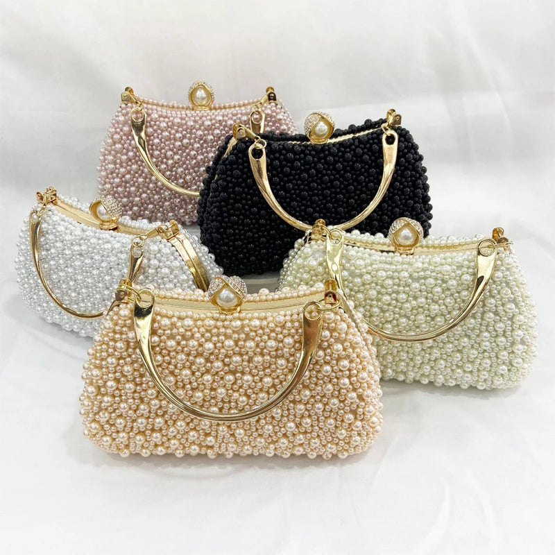 Pearl Women Evening Bags Hollow Out Elegant Beading Clutch with Handle Chain Dress Shoulder Handbags Diamonds Luxury Designer