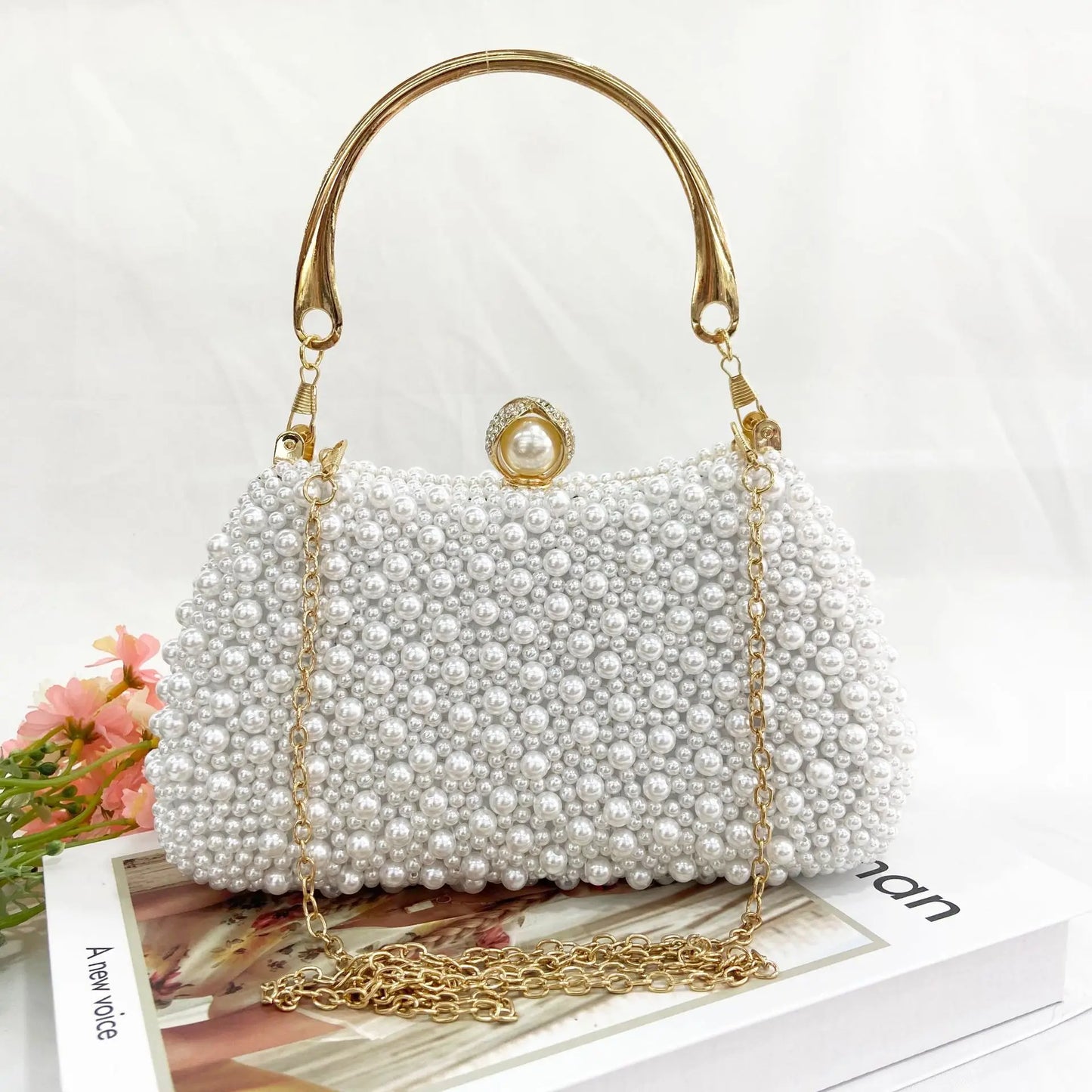 Pearl Women Evening Bags Hollow Out Elegant Beading Clutch with Handle Chain Dress Shoulder Handbags Diamonds Luxury Designer