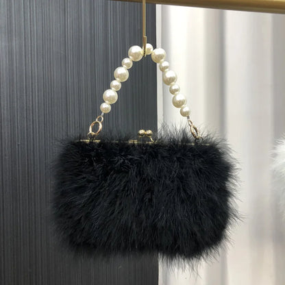 Pearl bracelet Lady Shoulder Bag blue Ostrich Feather Handbag Exquisite Evening Clutch Bag Banquet Wedding Purse for Women Girl